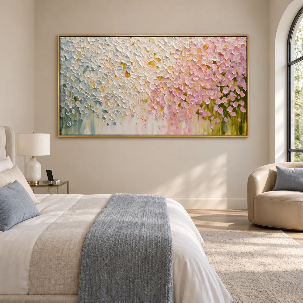 Cream and Pink Hand-Painted Oil Painting, Cascading Floral Petals #AN8LZER5