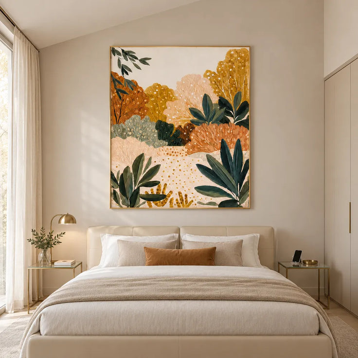 Cream and Ochre Hand-Painted Oil Painting, Stylized Garden Foliage #UATDX9Y6