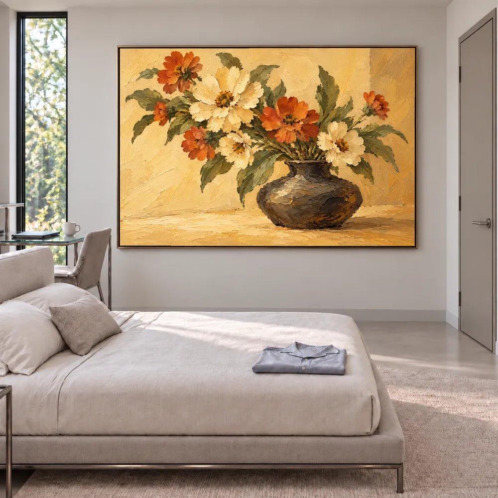 Yellow Hand-Painted Oil Painting, Cream and Orange Floral Bouquet #8FD36JJN