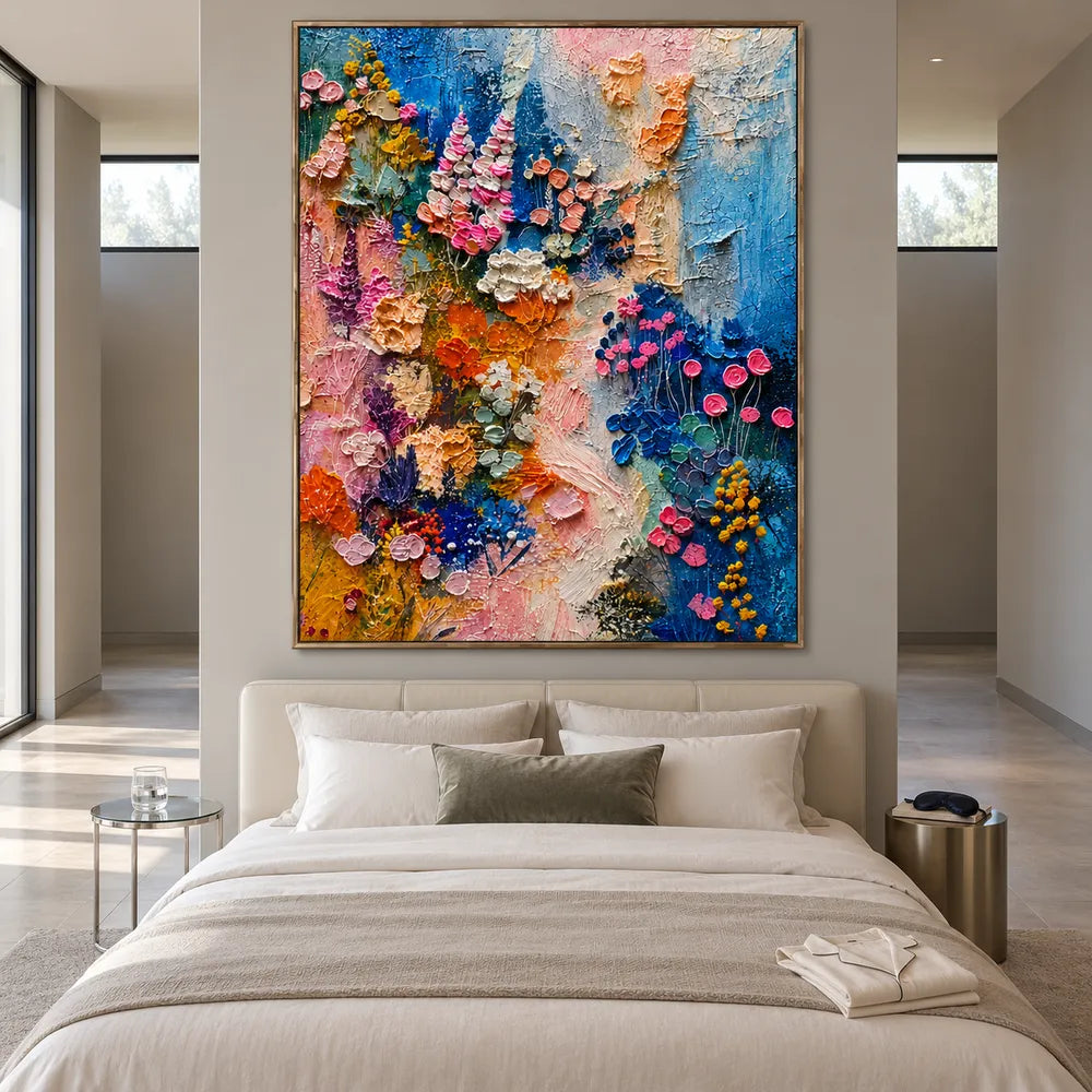 Blue and Pink Hand-Painted Oil Painting, Expressive Floral Abstract #SPCZIUW7