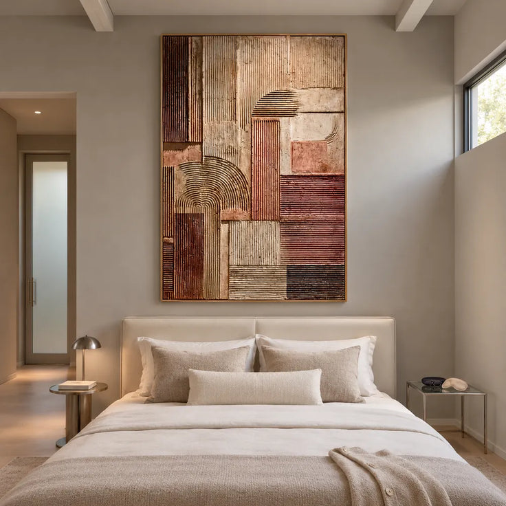 Brown and Beige Hand-Painted Oil Painting, Geometric Arches and Linear Blocks #SOT3Y088
