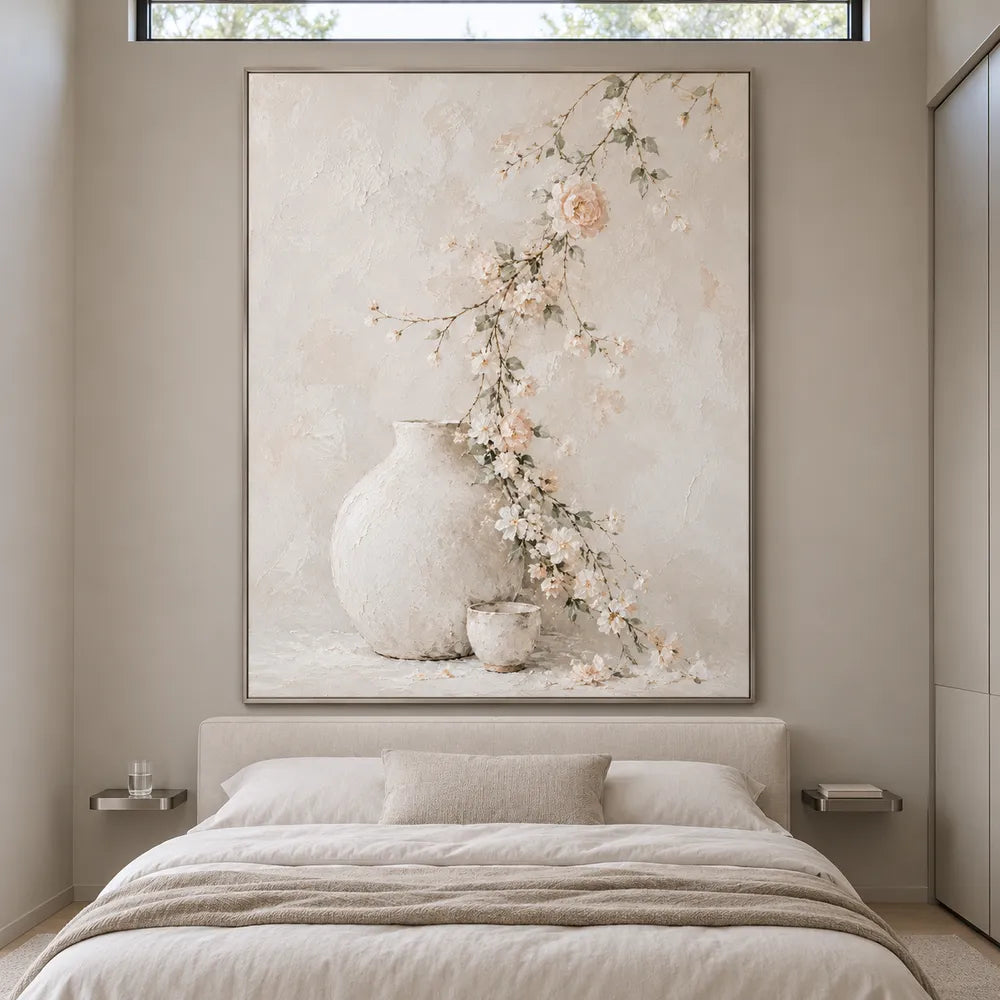 Ivory Hand-Painted Oil Painting, Trailing Blossoms and Pale Vessels #5LFVTUHO