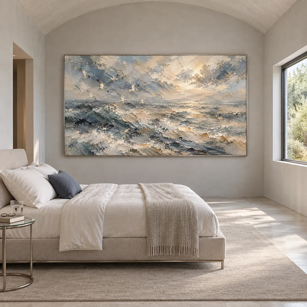 Blue-Gray Hand-Painted Oil Painting, Breaking Waves and Open Sky #KJ75TCEM