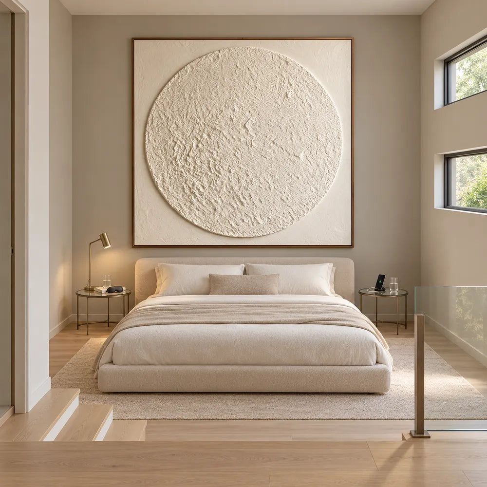 Ivory Hand-Painted 3D Textured Oil Painting, Textured Circle Abstract #GFK55X3M