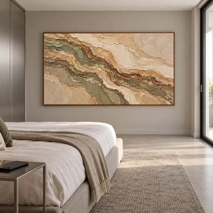 Earth-Tone Hand-Painted 3D Textured Oil Painting, Olive and Brown Strata #CZ83GDFB
