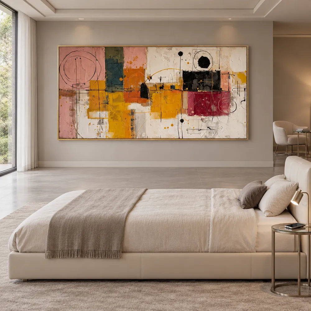 Mustard and Burgundy Hand-Painted Oil Painting, Geometric Abstract #LV534W2B