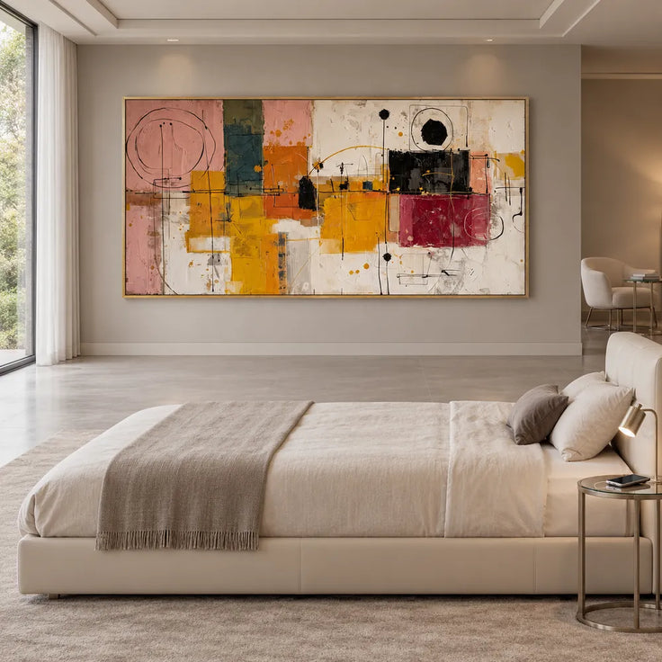 Mustard and Burgundy Hand-Painted Oil Painting, Geometric Abstract #LV534W2B