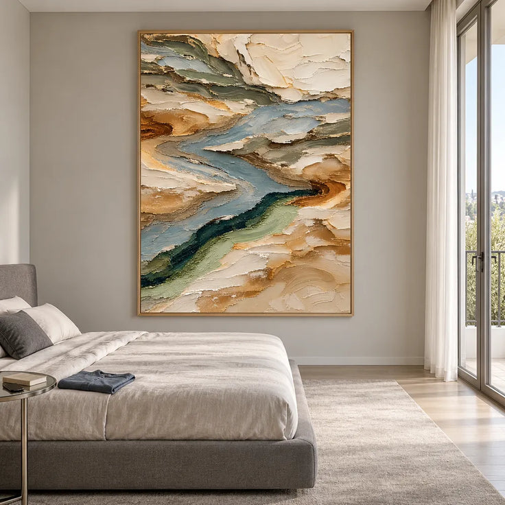 Earth-Tone Hand-Painted 3D Textured Oil Painting, Winding Blue-Gray Flow #KHMVTZFC
