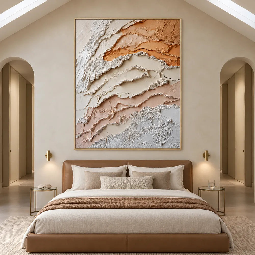 Ivory and Peach Hand-Painted 3D Textured Oil Painting, Layered Organic Abstract #QOJT9JV1