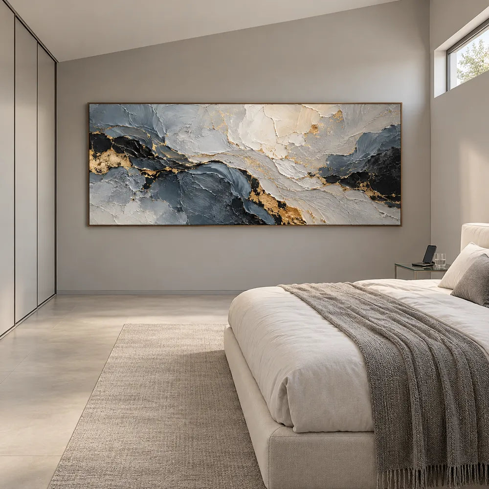Gray Hand-Painted 3D Textured Oil Painting, Dark Layers and Gold Tones #X6RDSFYU