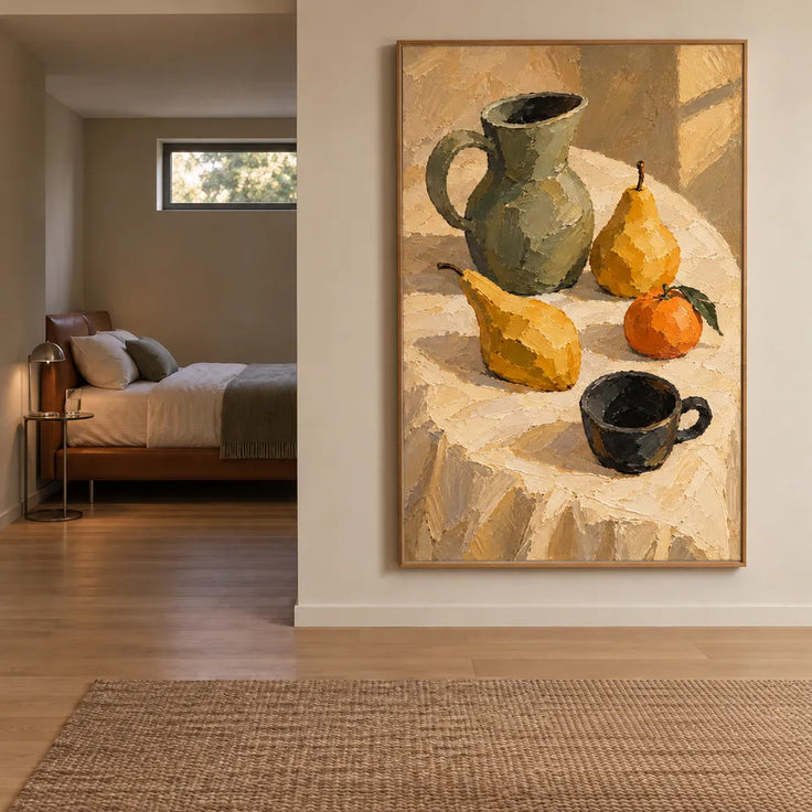 Yellow Hand-Painted Oil Painting, Pears and a Green Pitcher in Sunlight #D50B9HBJ