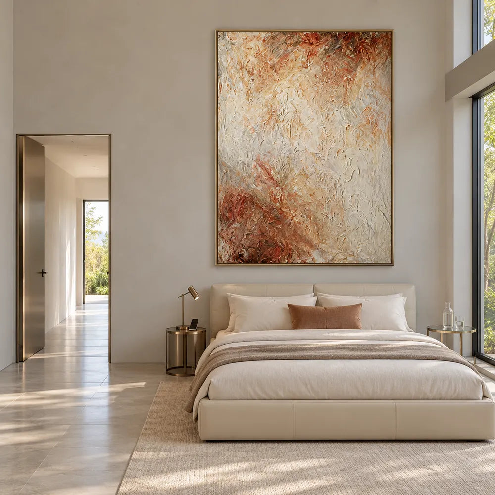 Cream and Warm Brown Hand-Painted Oil Painting, Soft Organic Abstract #97YZ35BG