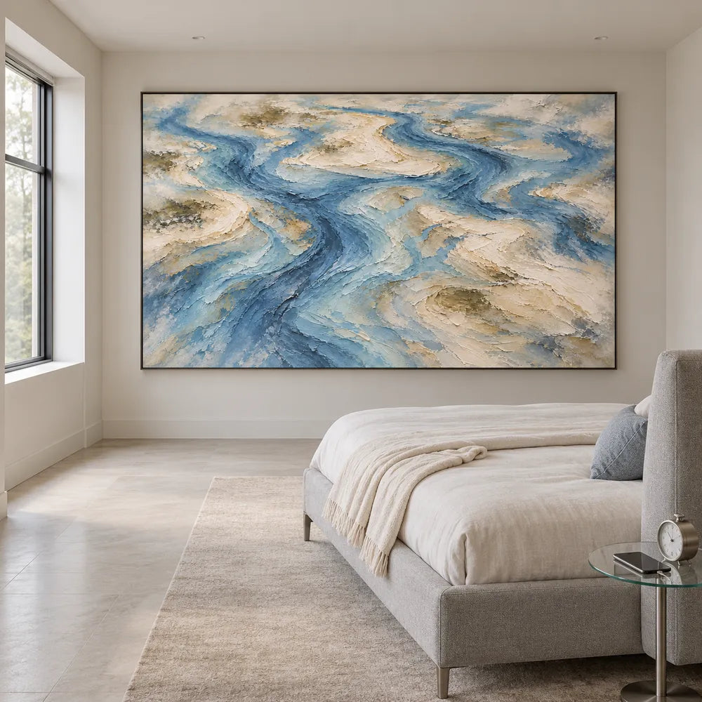 Blue Hand-Painted Oil Painting, Winding Channels and Pale Banks #B0XLQNVH