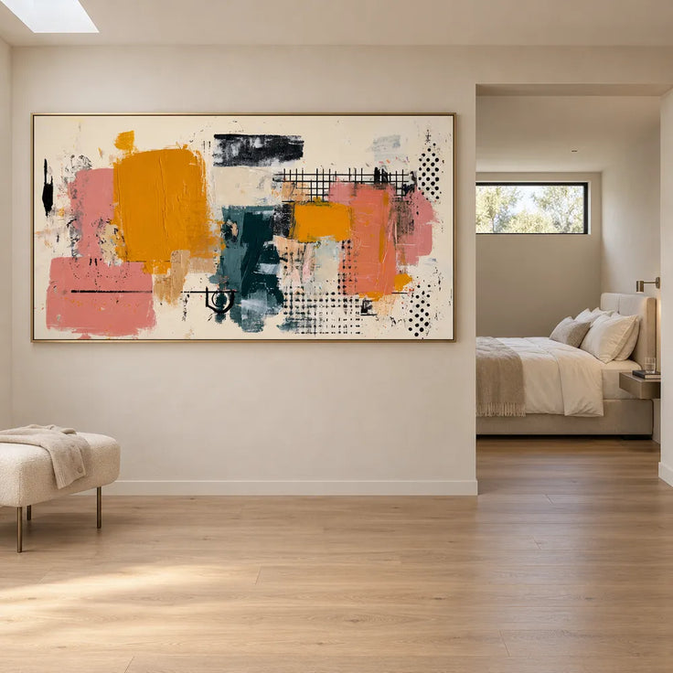 Mustard and Pink Hand-Painted Oil Painting, Graphic Abstract #05NDDBLI