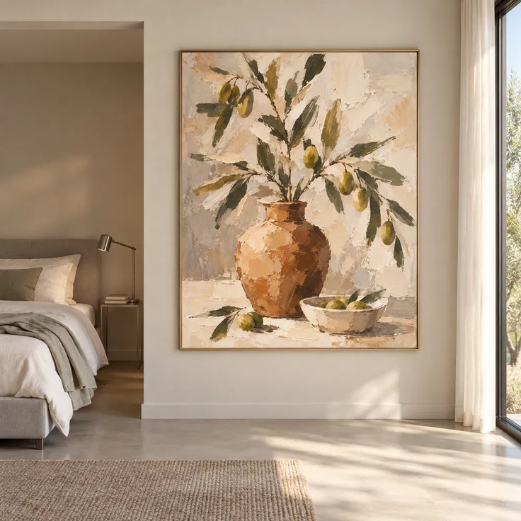Earth-Tone Hand-Painted Oil Painting, Fruiting Branches in an Ochre Vase #U8CNUSTV