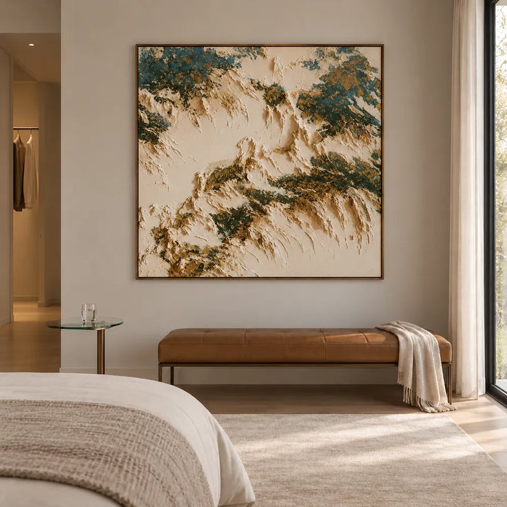 Cream and Deep Green Hand-Painted Oil Painting, Organic Abstract Forms #R1E3GSYK