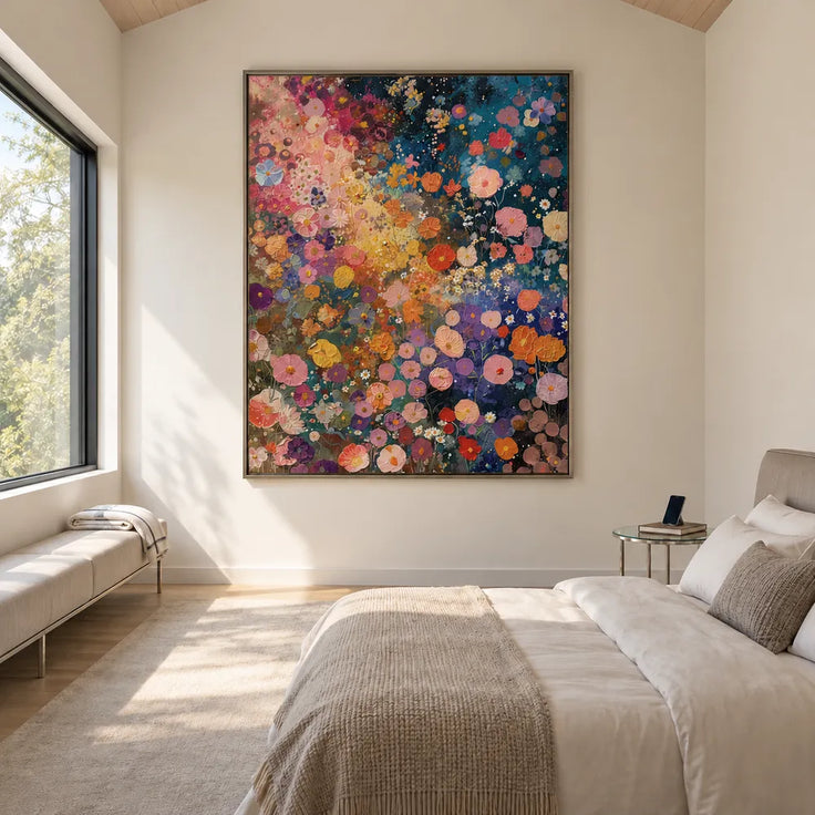 Deep Blue and Pink Hand-Painted Oil Painting, Colorful Flower Meadow #PG0DH31L