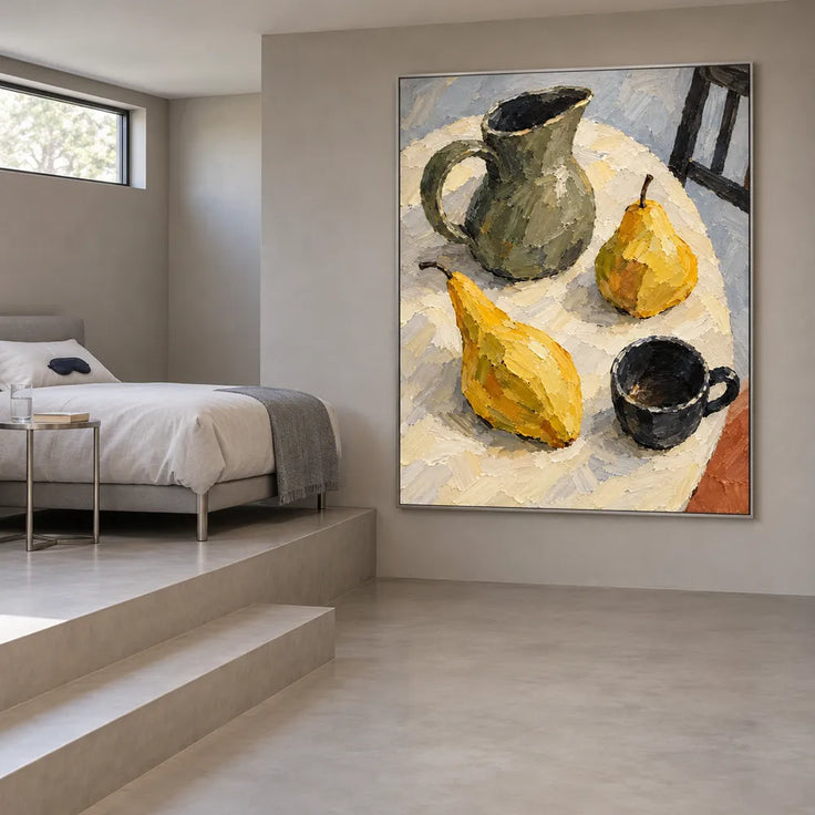 Yellow Hand-Painted Oil Painting, Two Pears with a Green Pitcher #O1ILENI2