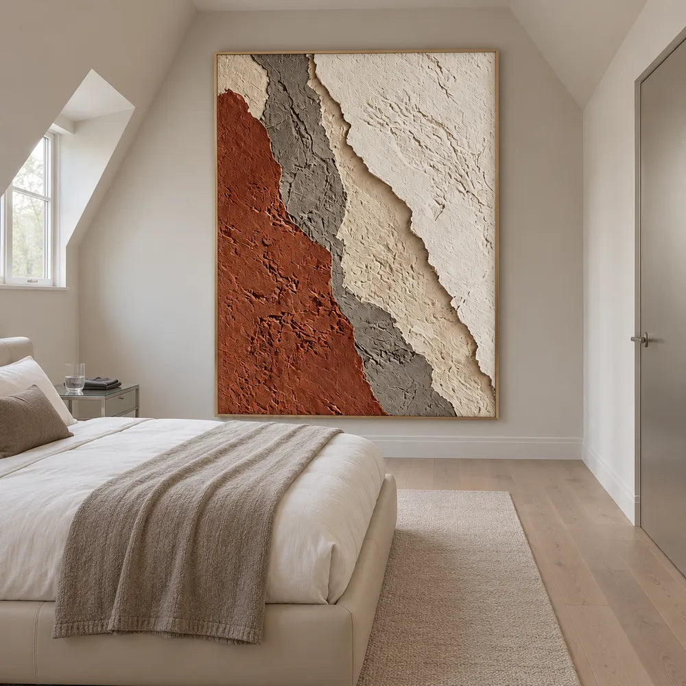 Ivory and Rust Hand-Painted 3D Textured Oil Painting, Diagonal Layered Abstract #6XM3ALEN