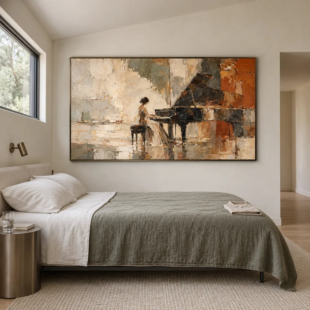 Earth-Tone Hand-Painted Oil Painting, Pianist at a Grand Piano #AQ4V2RU3