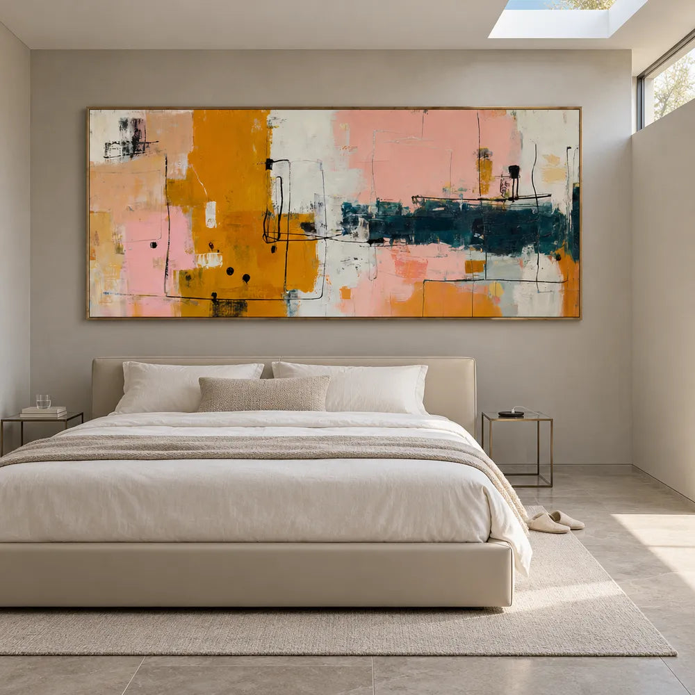 Ochre and Blush Hand-Painted Oil Painting, Linear Color Block Abstract #XNGHPZZP