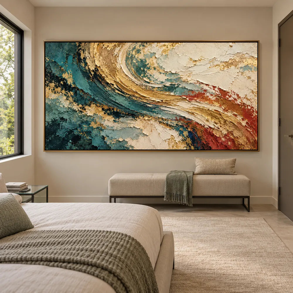 Teal and Ochre Hand-Painted Oil Painting, Sweeping Abstract Color Bands #VERH37SP