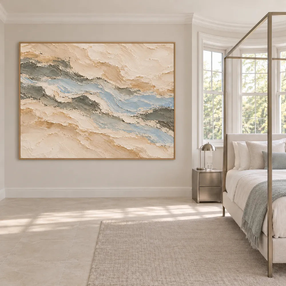 Beige Hand-Painted Oil Painting, Pale Layered Abstract with Blue Gray #3M9L7HZQ