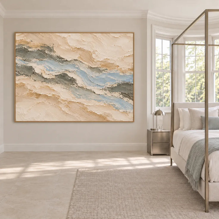 Beige Hand-Painted Oil Painting, Pale Layered Abstract with Blue Gray #3M9L7HZQ