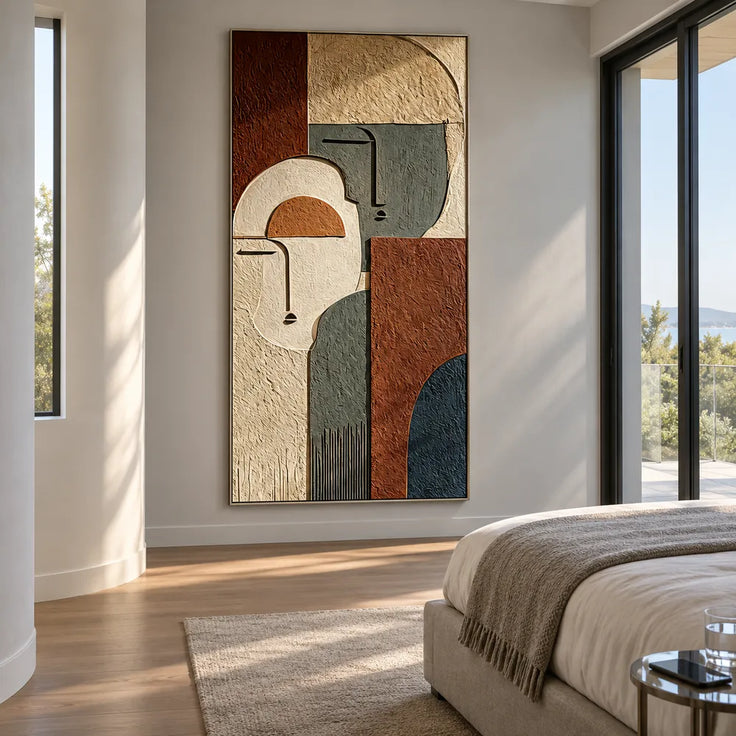 Earth-Tone Hand-Painted 3D Textured Oil Painting, Two Geometric Faces #CIED8WA9