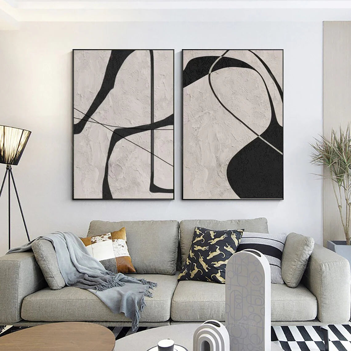 Beige & Black Abstract Textured Painting Set of 2 #WA110