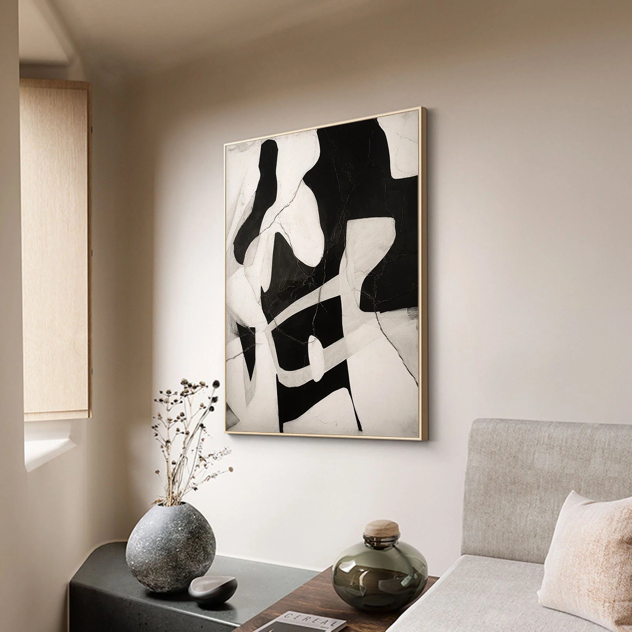 Large Abstract Wabi Sabi Painting Black Beige Wall Artwork on Canvas