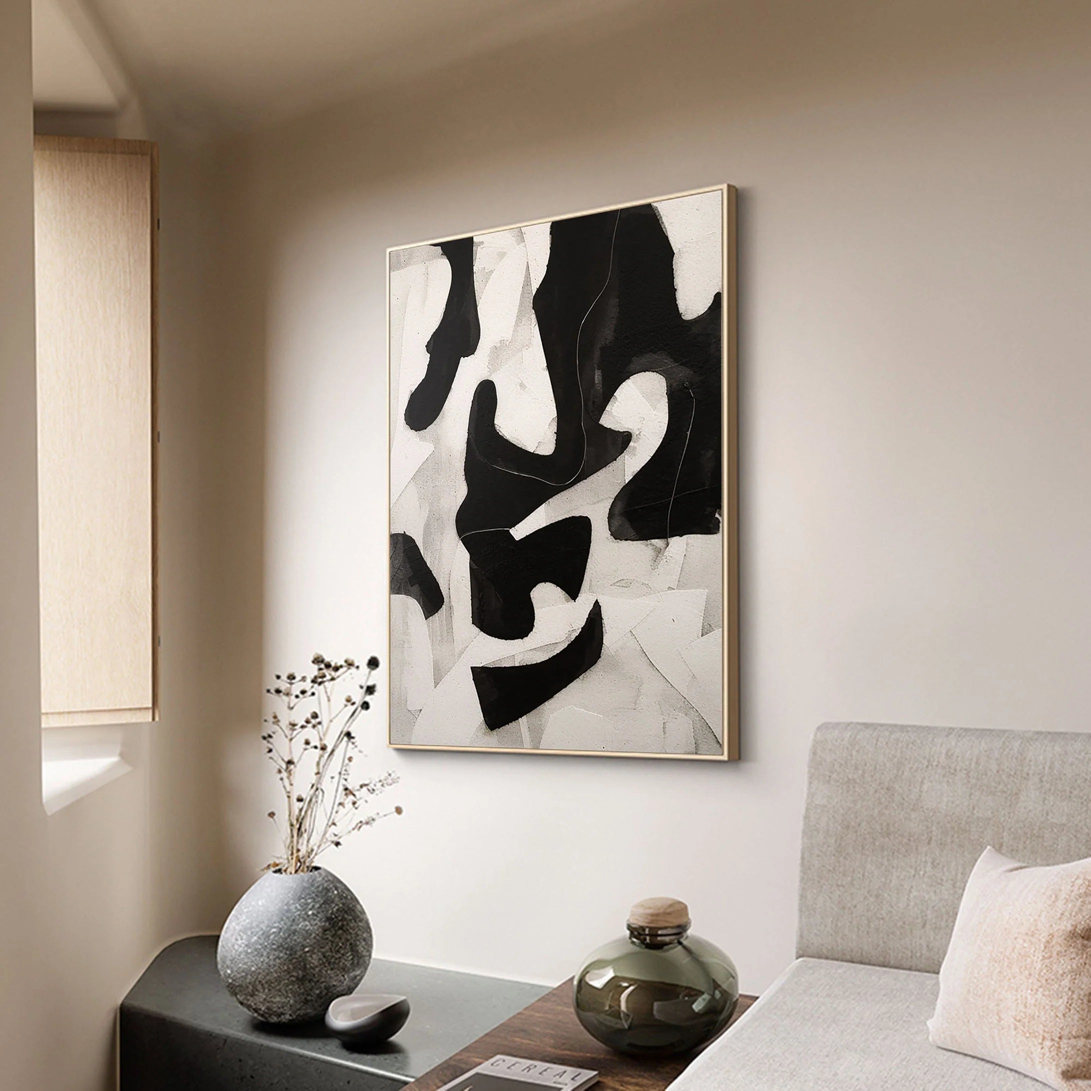 Textured Wabi Sabi Neutral Painting on Canvas Large Wall Artwork Black and Beige