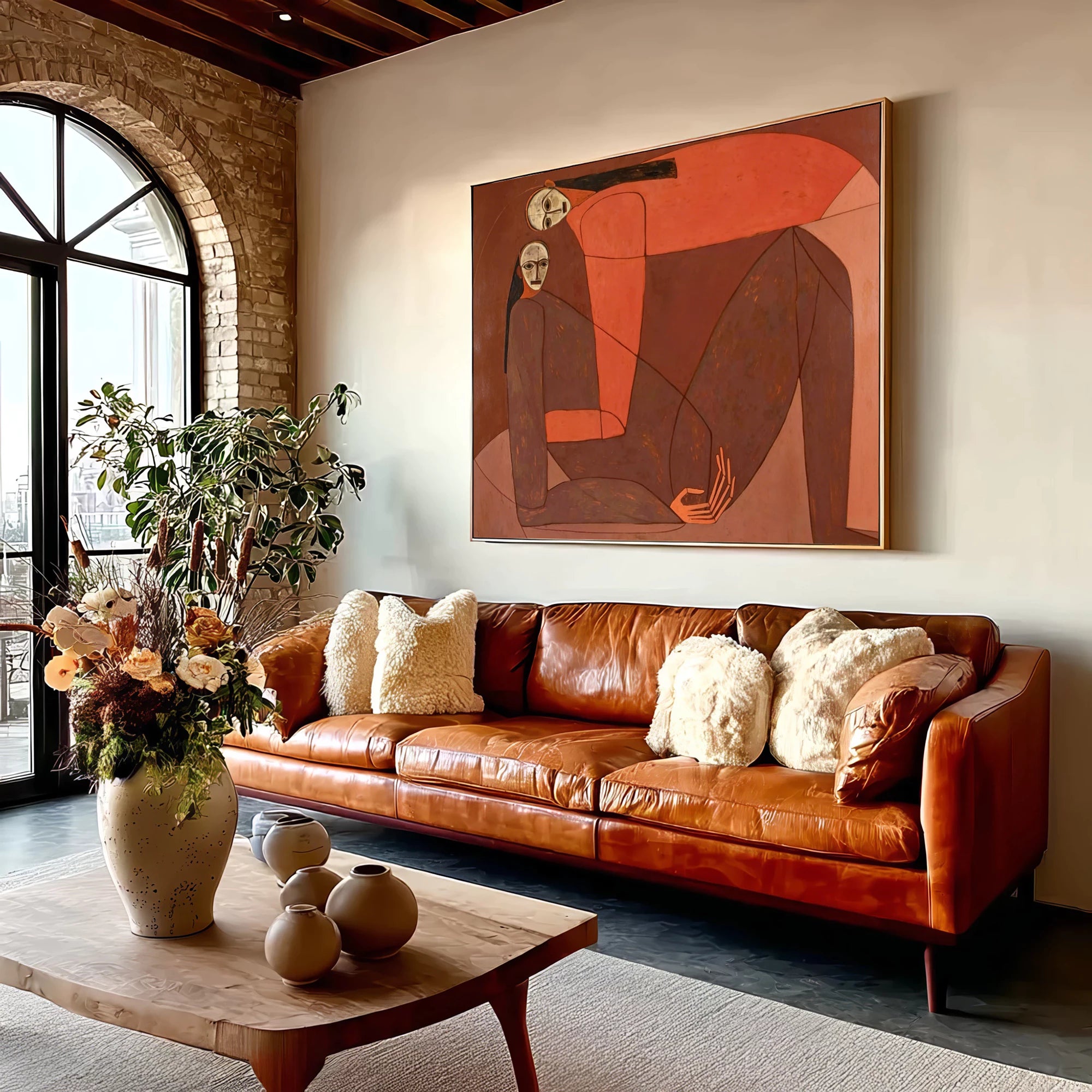 Warm Brown Abstract Figure Cubist Oil Painting #AB621