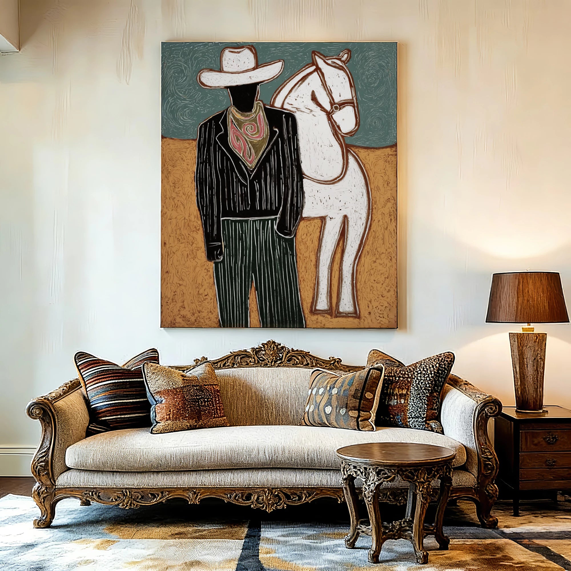 Modern Western Cowboy White Horse Oil Painting #AB188