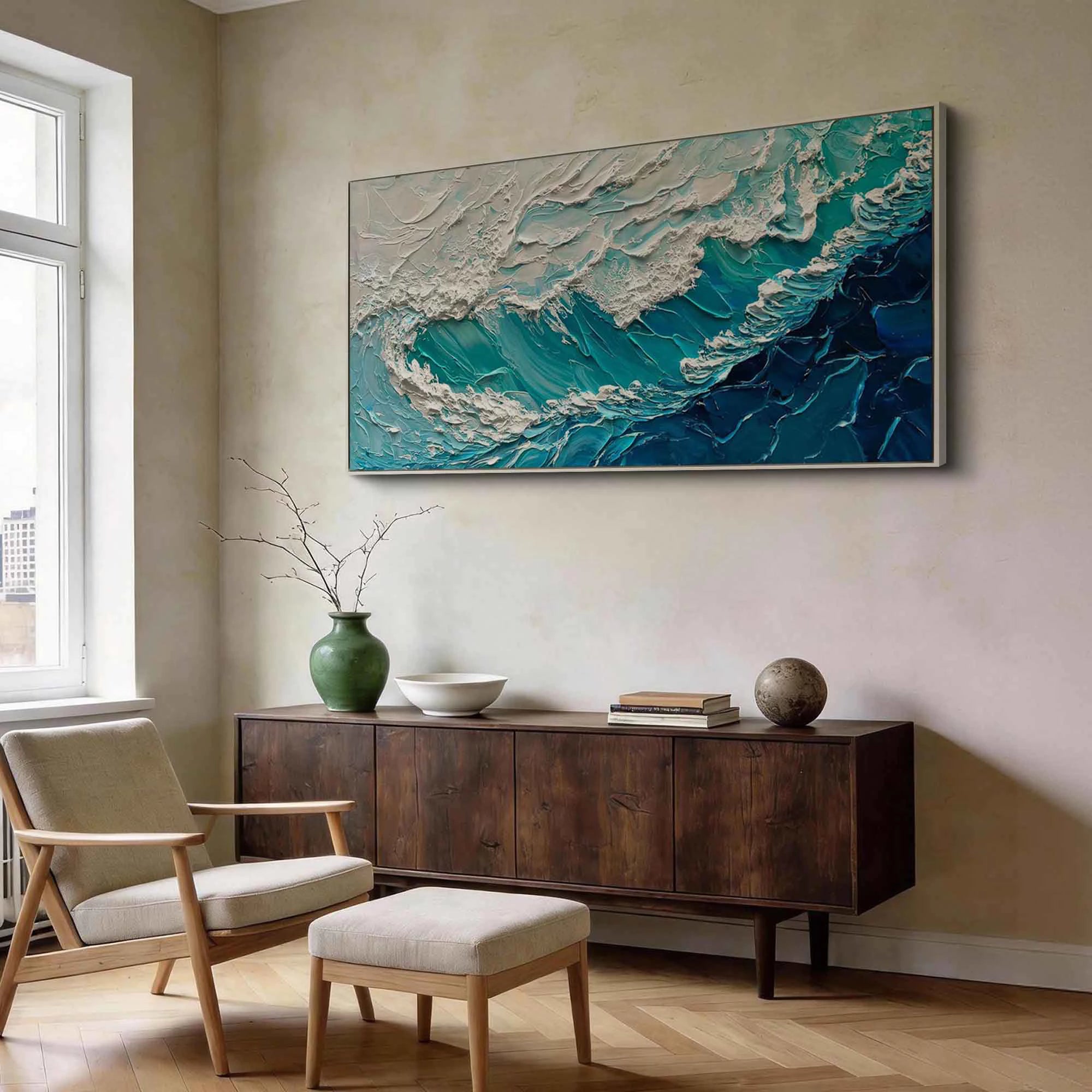 Modern Teal Blue Ocean Wave Texture Painting #SK50