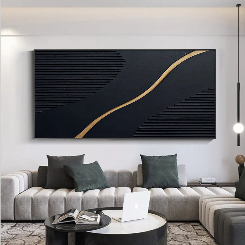 Minimalist Black Gold 3D Impasto Wall Art #JM91