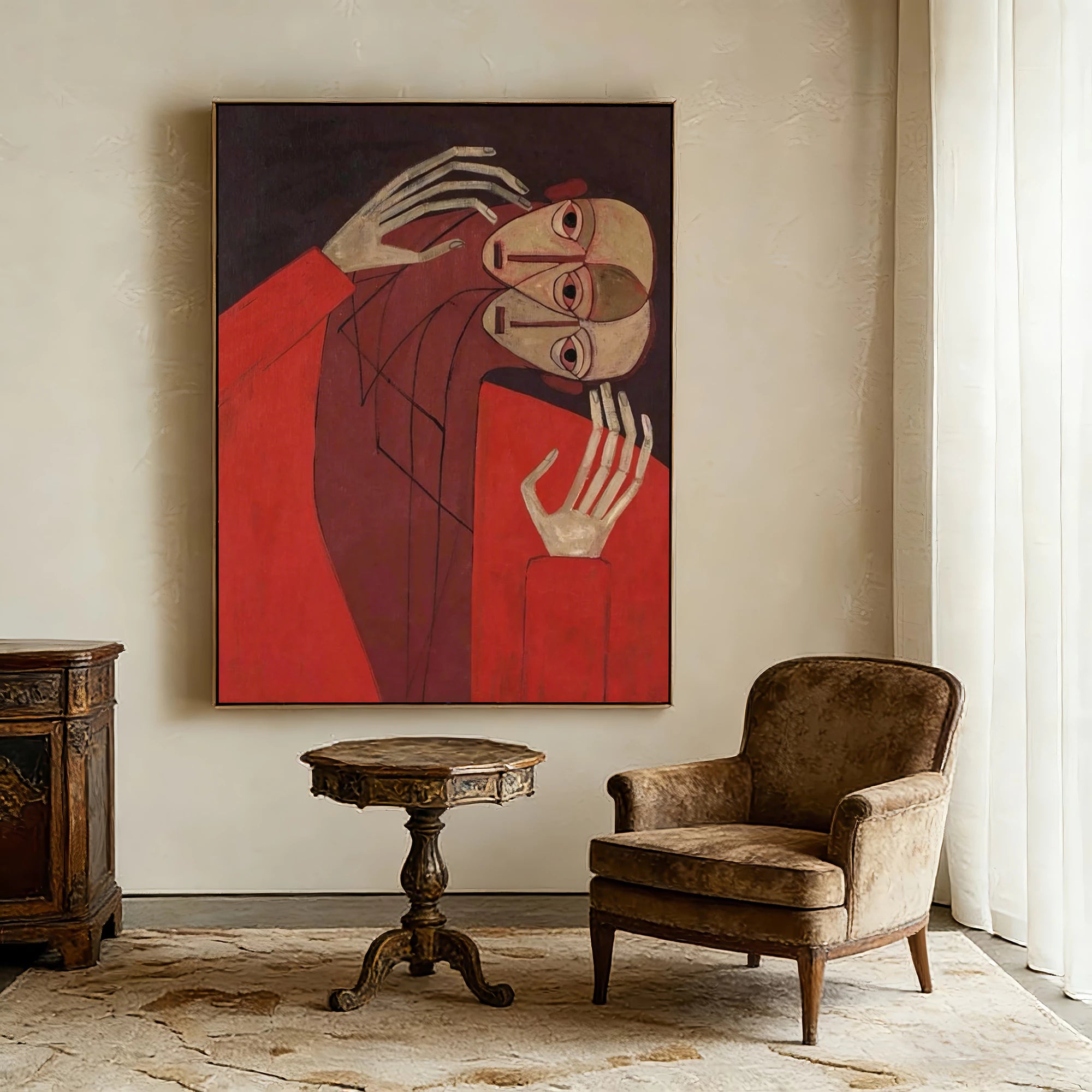 Hand-Painted Red Cubist Abstract Figure Oil Painting #AB163