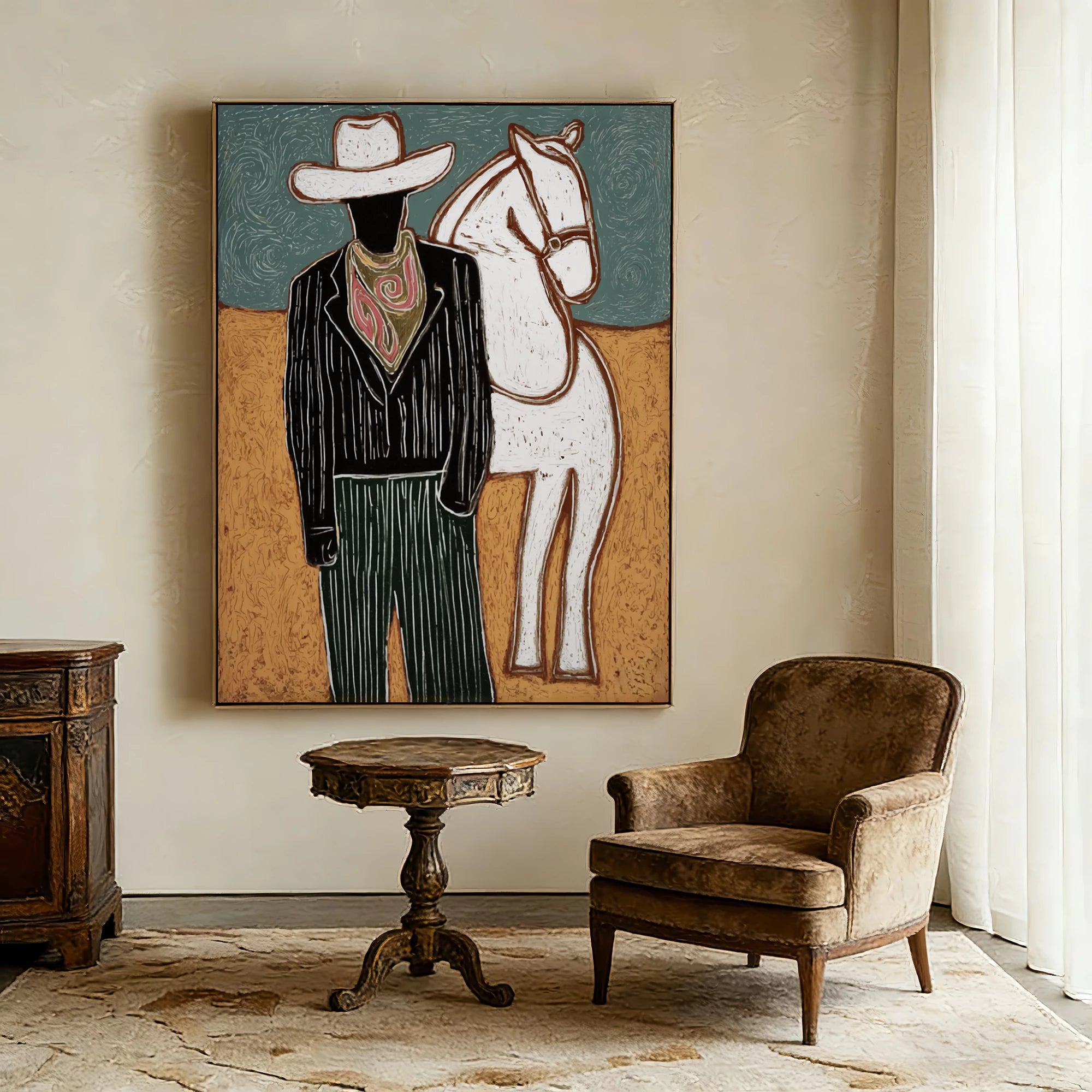 Modern Western Cowboy White Horse Oil Painting #AB188