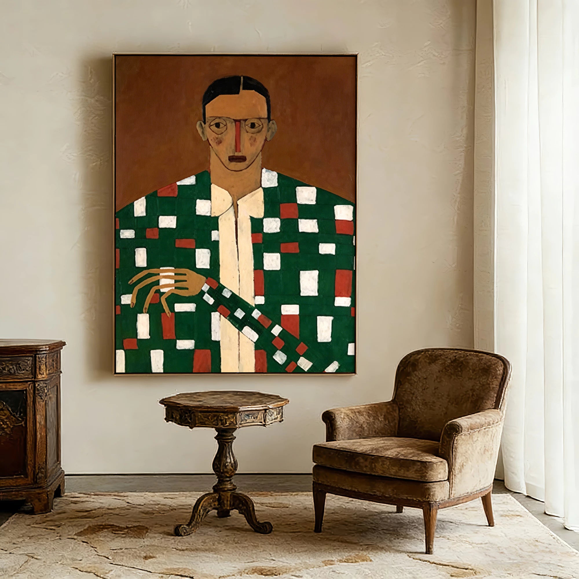 Retro Expressionist Plaid Figurative Oil Painting #AB287