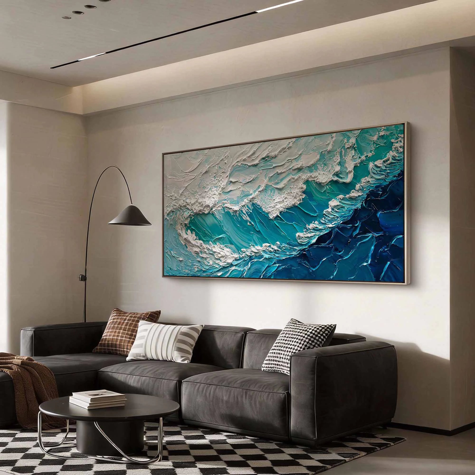 Modern Teal Blue Ocean Wave Texture Painting #SK50