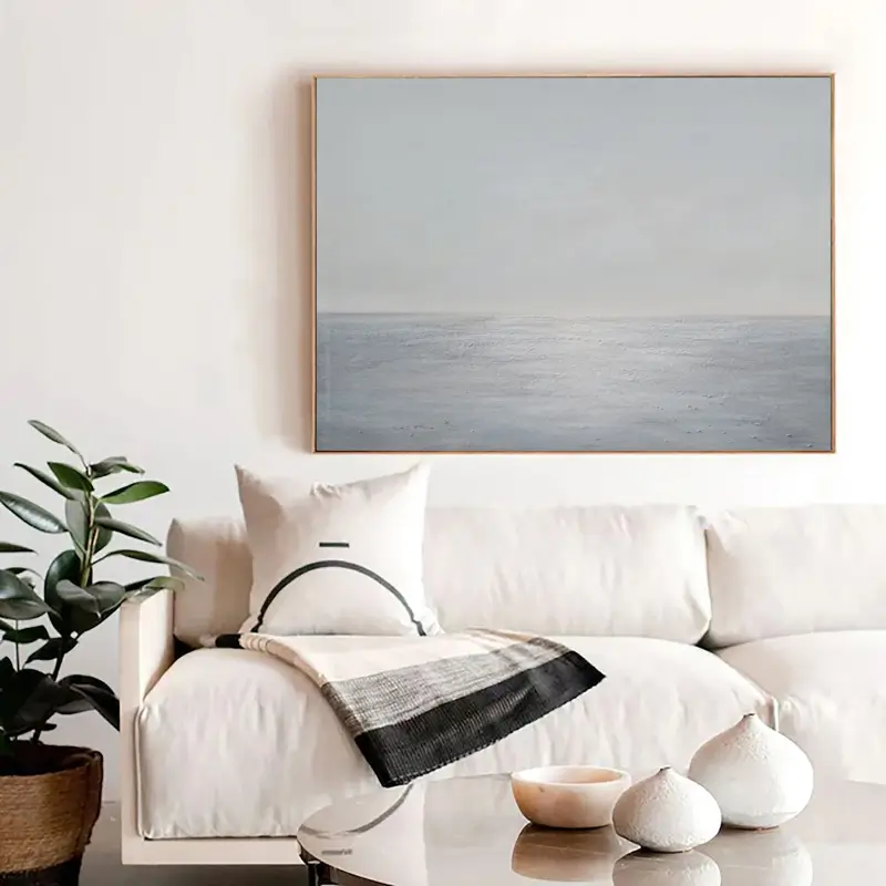 Light Blue Ocean Abstract Oil Painting, Handcrafted Sky and Sea Minimalist Framed Canvas