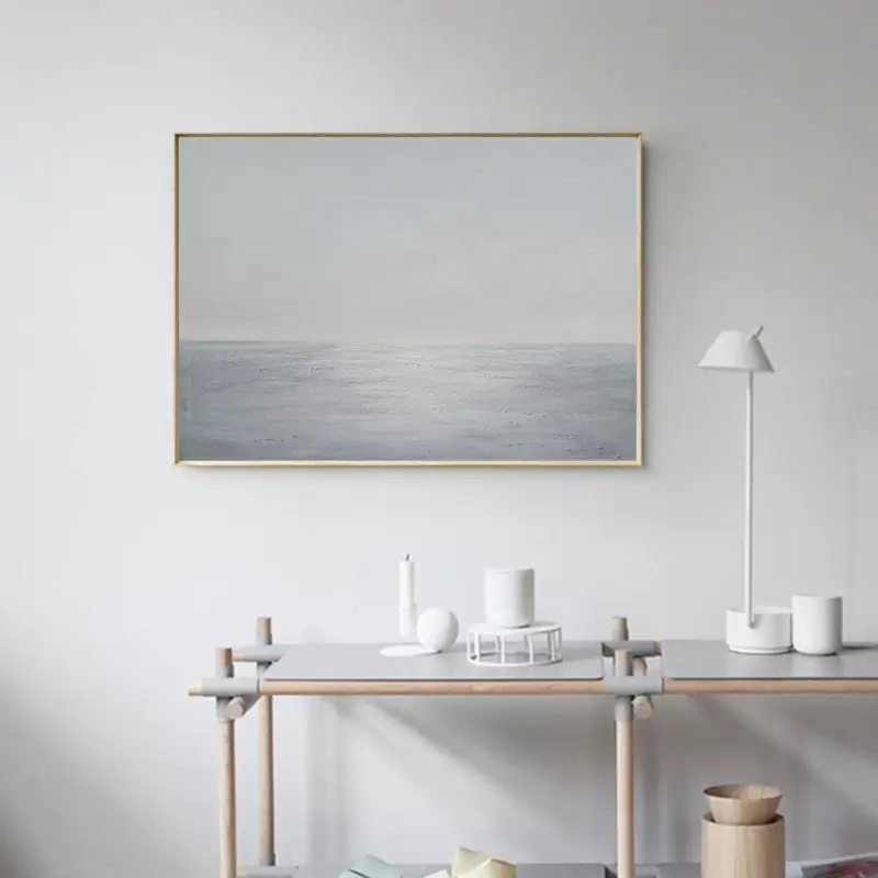Light Blue Ocean Abstract Oil Painting, Handcrafted Sky and Sea Minimalist Framed Canvas