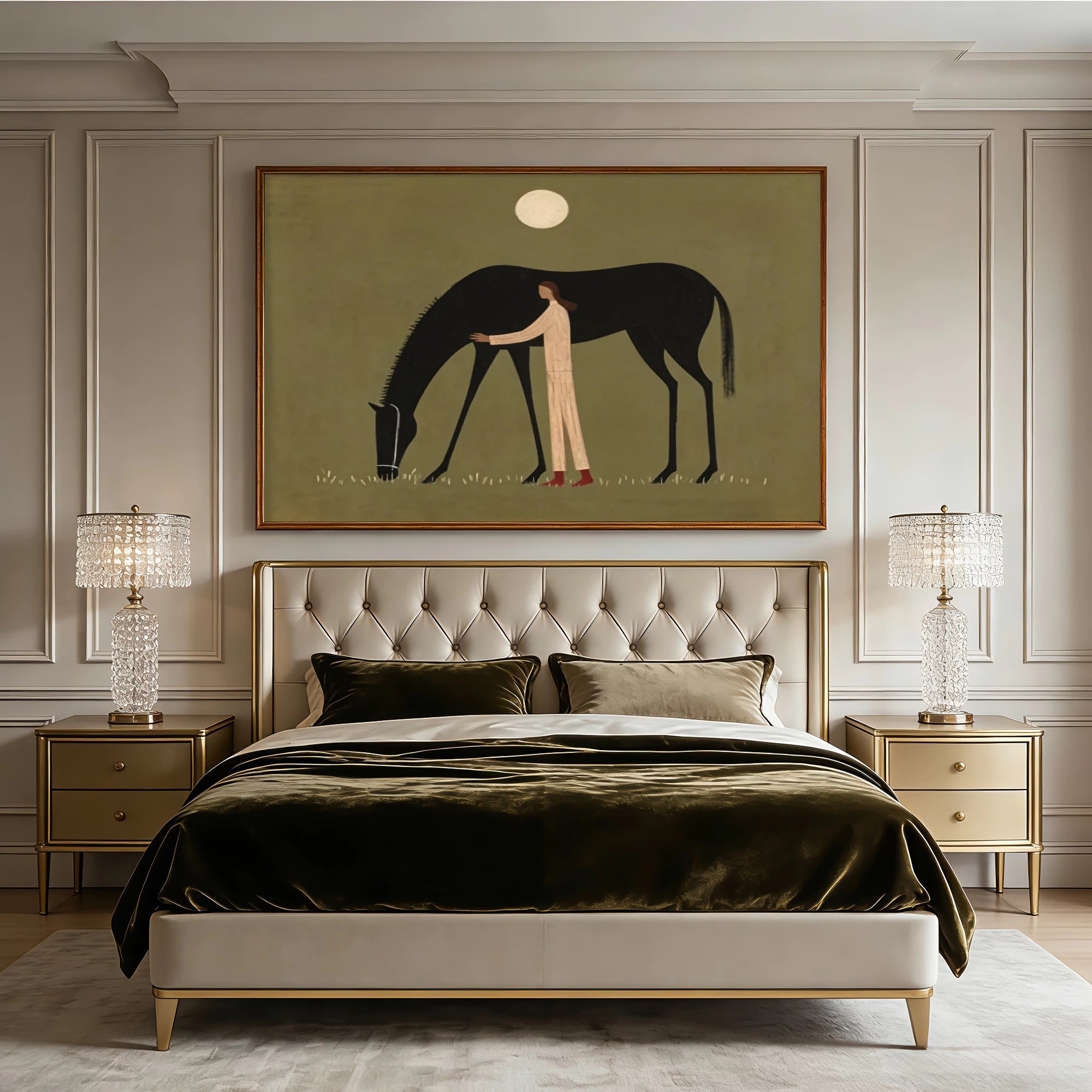 Hand-Painted Figure & Black Horse Oil Painting #AB185