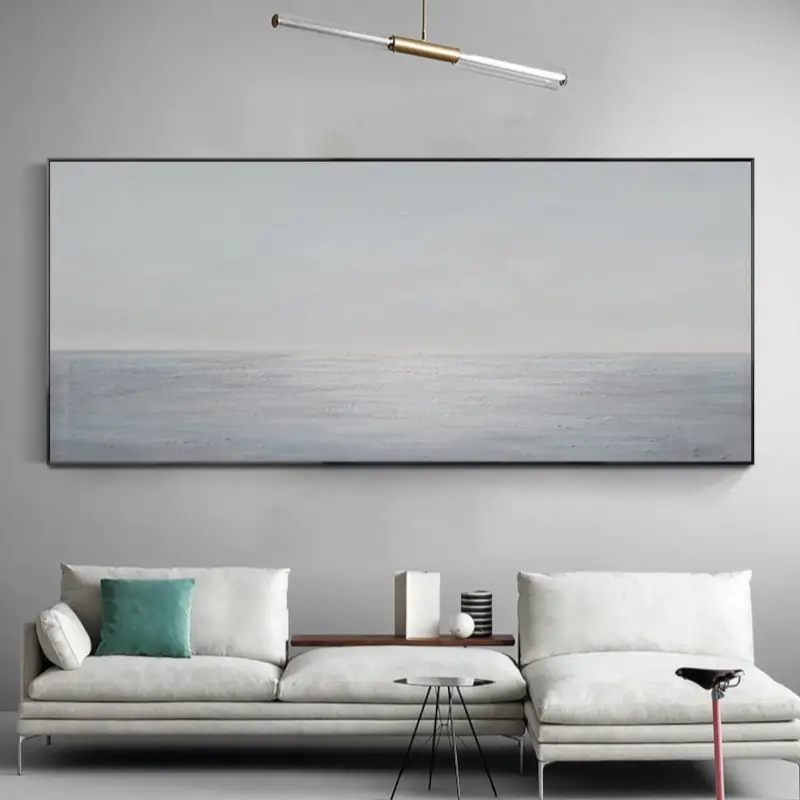 Light Blue Ocean Abstract Oil Painting, Handcrafted Sky and Sea Minimalist Framed Canvas