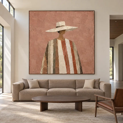 Terracotta & Cream Hand-Painted Oil Painting, Figure in a Wide-Brim Hat #XZPZ1PR7
