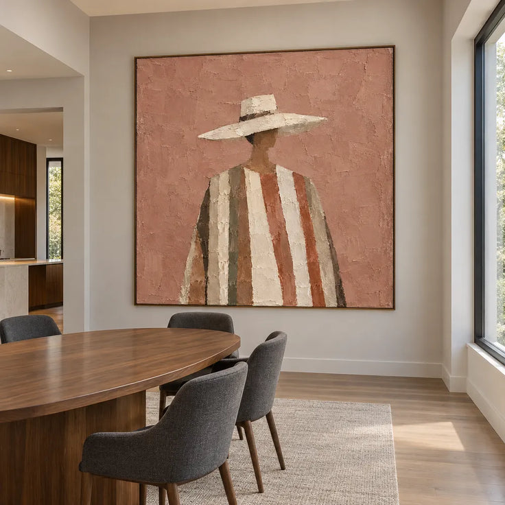 Terracotta & Cream Hand-Painted Oil Painting, Figure in a Wide-Brim Hat #XZPZ1PR7
