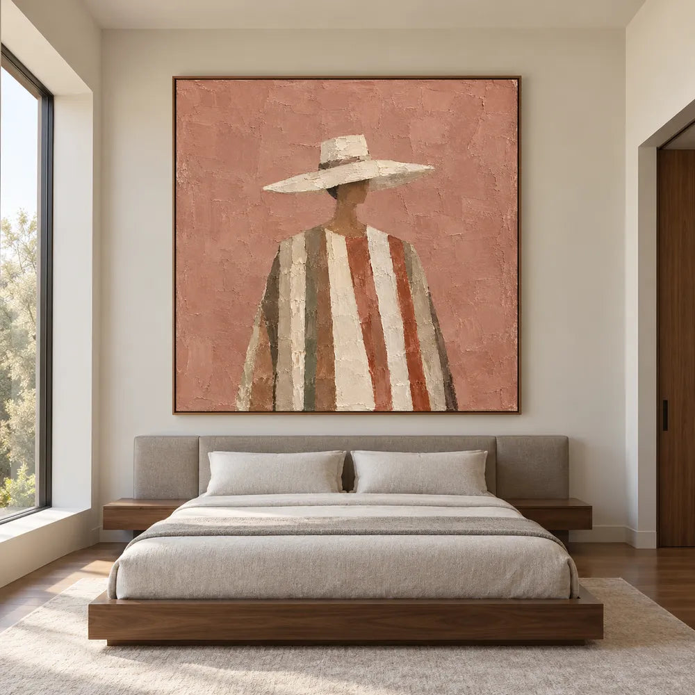 Terracotta & Cream Hand-Painted Oil Painting, Figure in a Wide-Brim Hat #XZPZ1PR7
