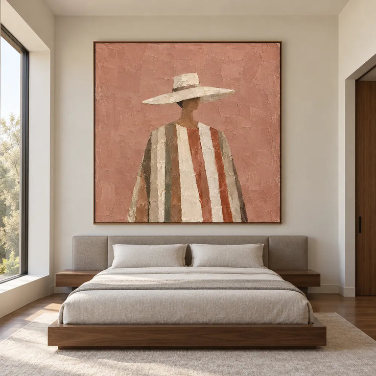 Terracotta & Cream Hand-Painted Oil Painting, Figure in a Wide-Brim Hat #XZPZ1PR7