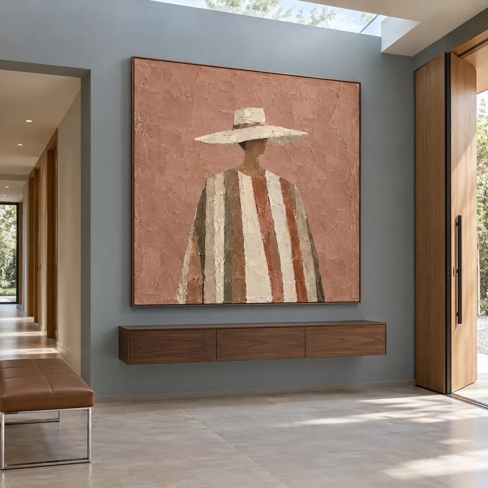 Terracotta & Cream Hand-Painted Oil Painting, Figure in a Wide-Brim Hat #XZPZ1PR7