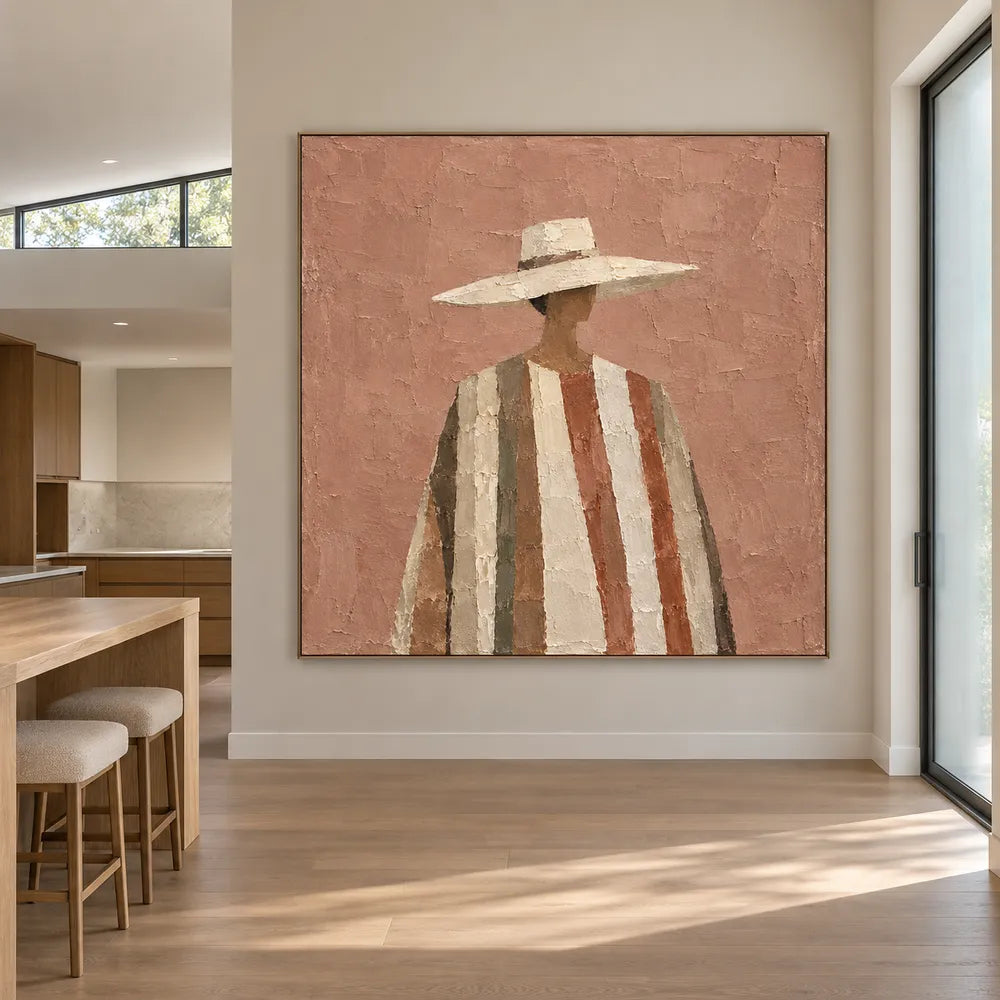 Terracotta & Cream Hand-Painted Oil Painting, Figure in a Wide-Brim Hat #XZPZ1PR7